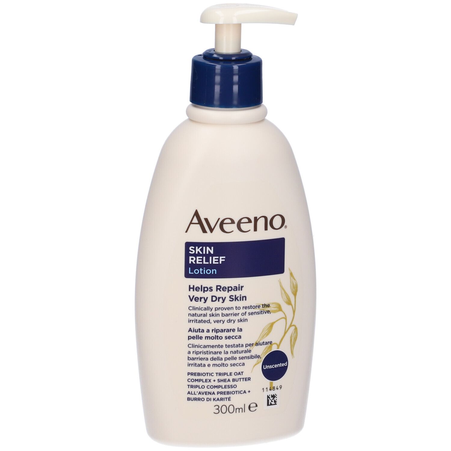 Aveeno Skin Relief Lotion, flacone bianco con dosatore a pompa. Testo: Helps Repair Very Dry Skin, Unscented, 300ml.