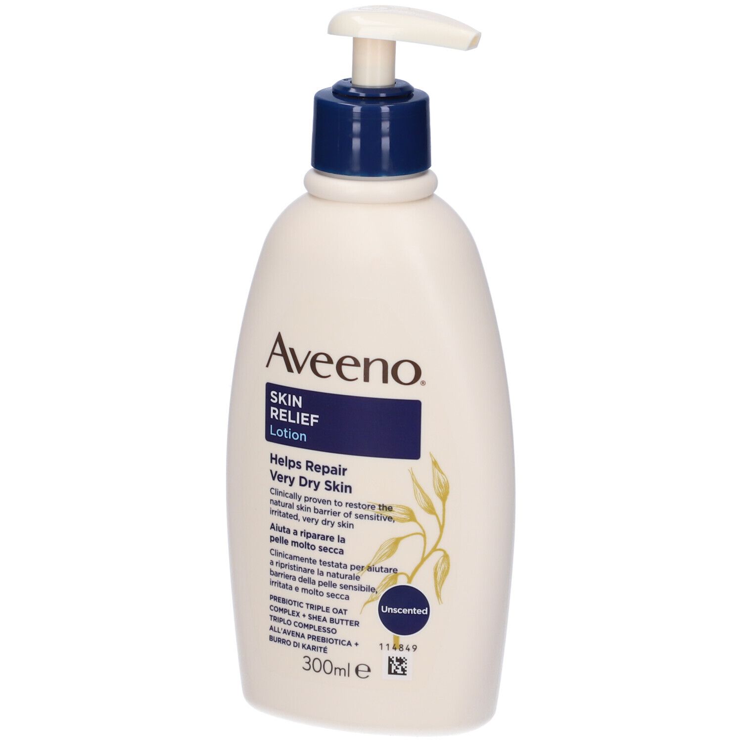 Aveeno Skin Relief Lotion, flacone bianco con dosatore a pompa. Testo: Helps Repair Very Dry Skin, Unscented, 300ml.