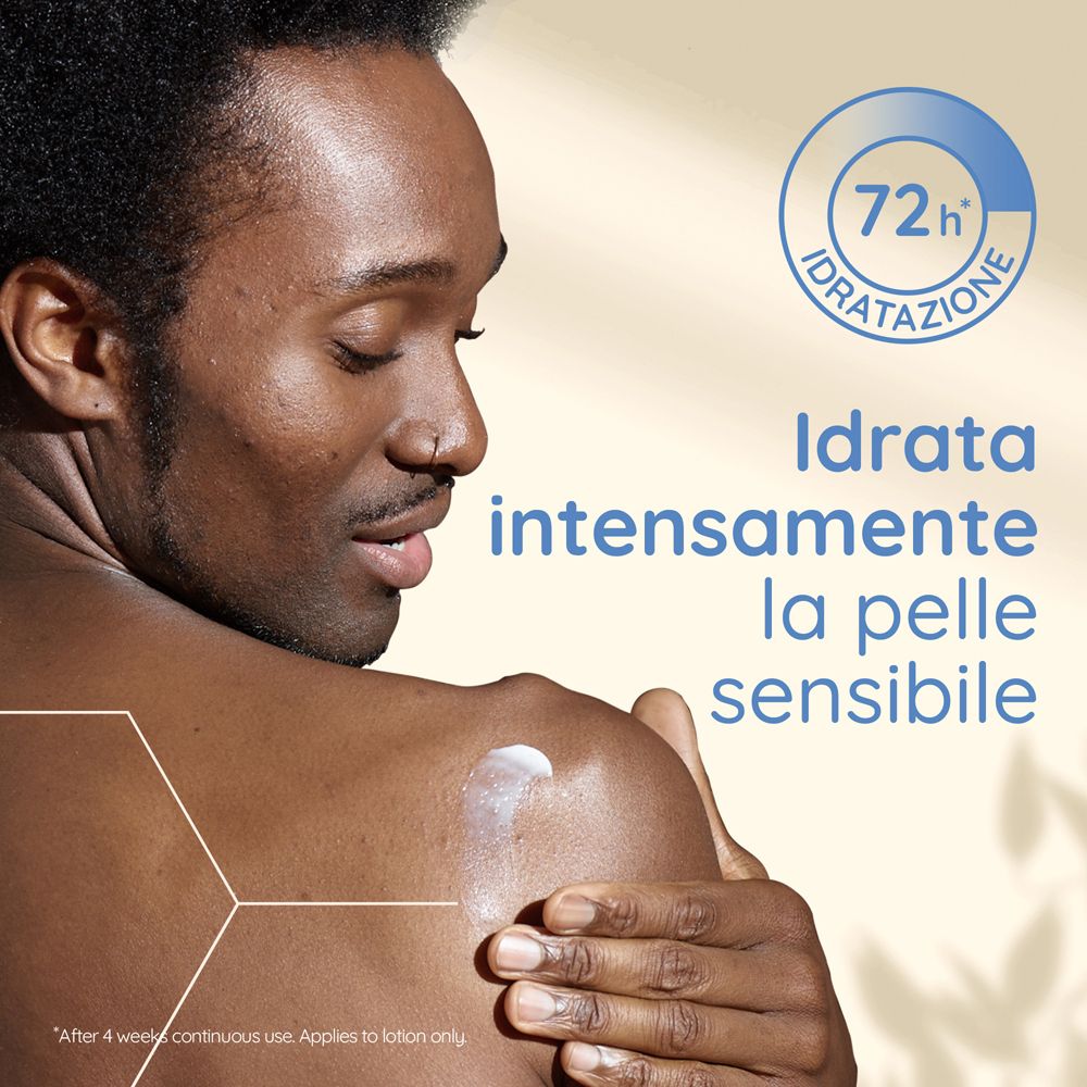 Uomo applica lozione sulla spalla. Testo: 72h Idratation. Idratare intensamente la pelle sensibile.