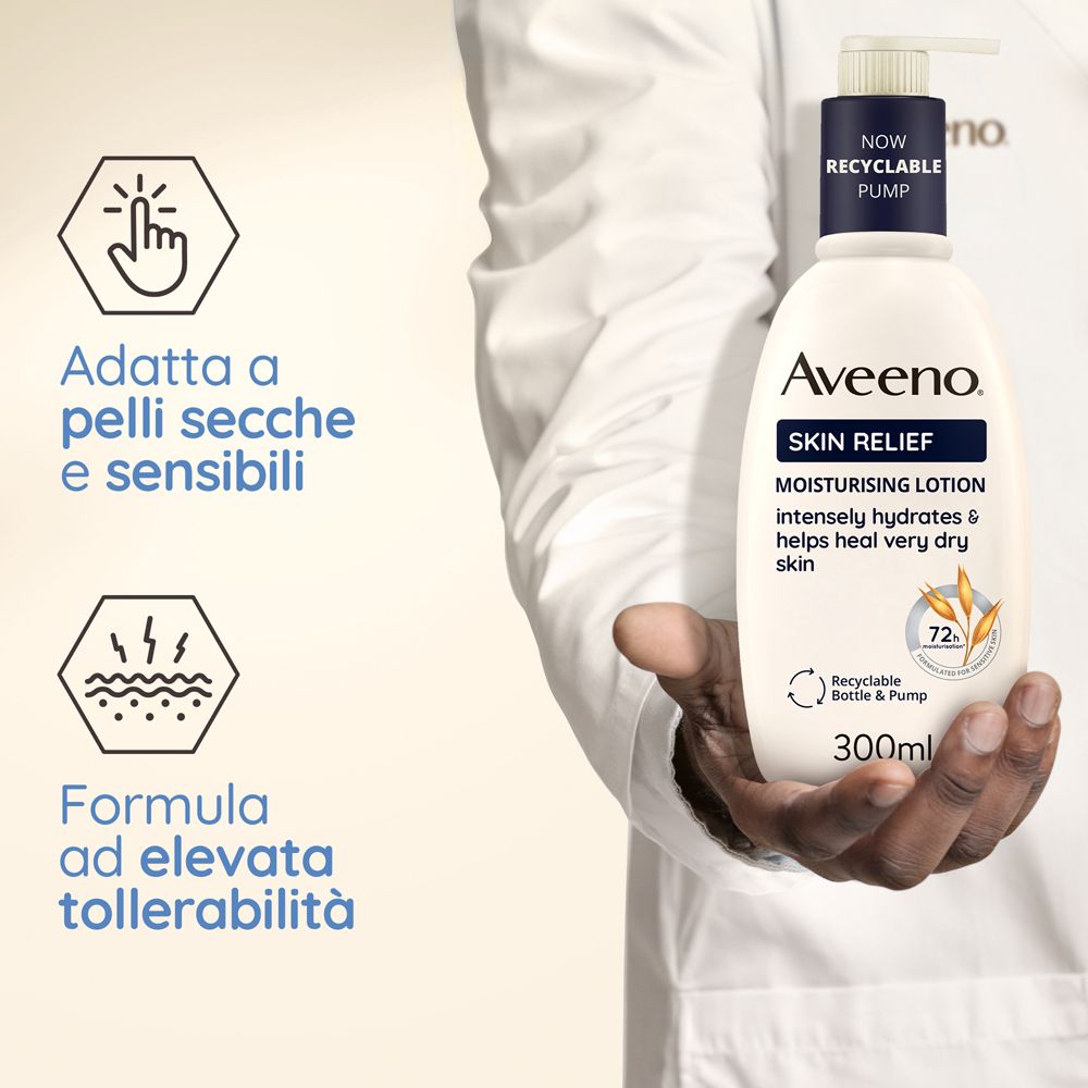Aveeno Skin Relief Lotion, flacone con pompa. Testo: Adatta a pelli secche e sensibili, Formula ad elevata tollerabilità.