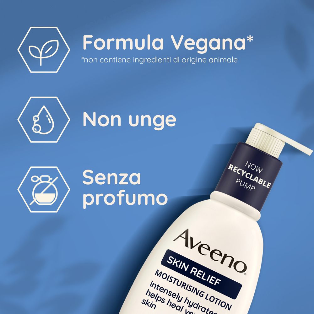Aveeno Skin Relief Lotion, flacone con pompa. Testo: Formula Vegana, Non unge, Senza profumo.