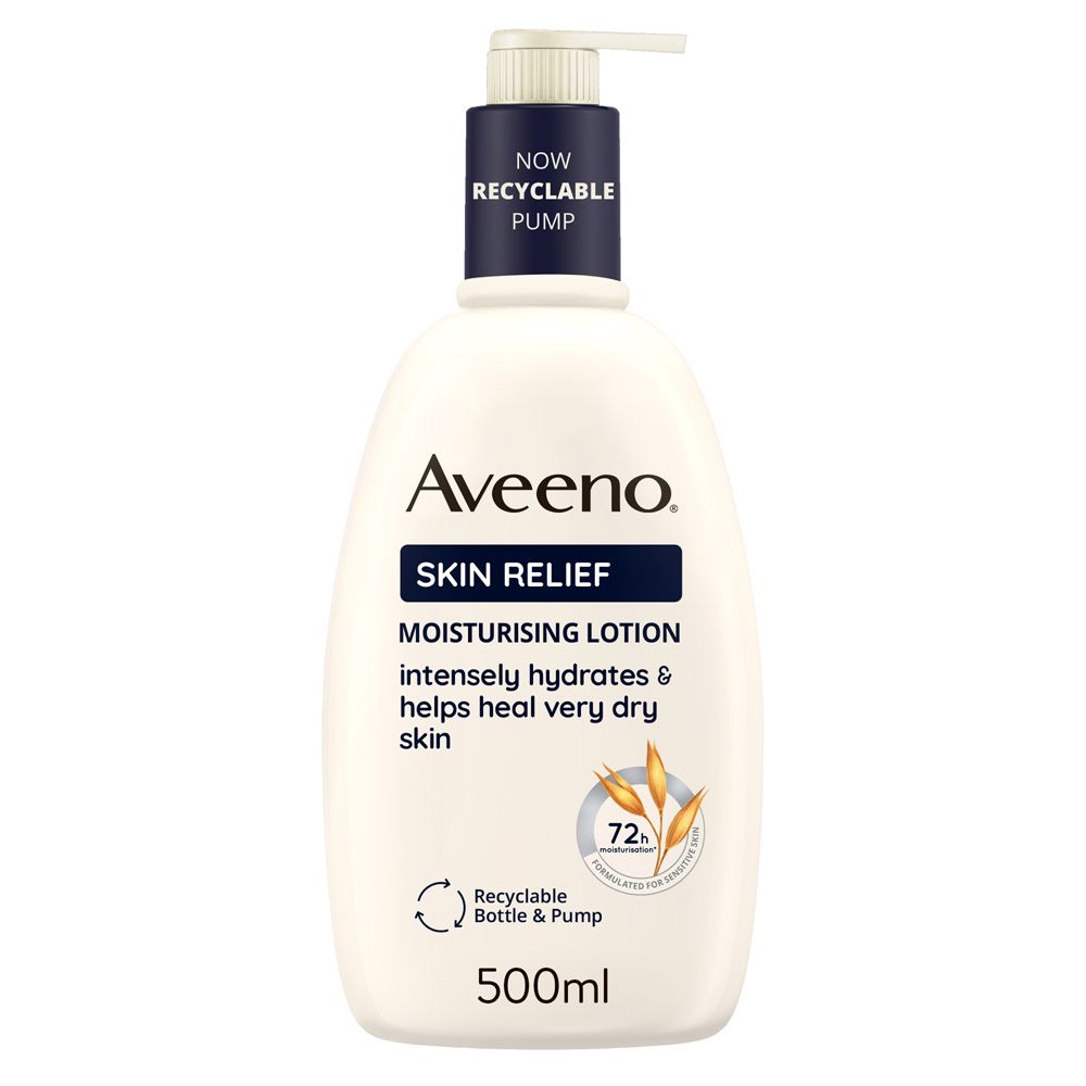 Flacone bianco con dosatore. Scritta: Aveeno Skin Relief, lozione idratante. Idratazione 72h. Flacone e pompa riciclabili.