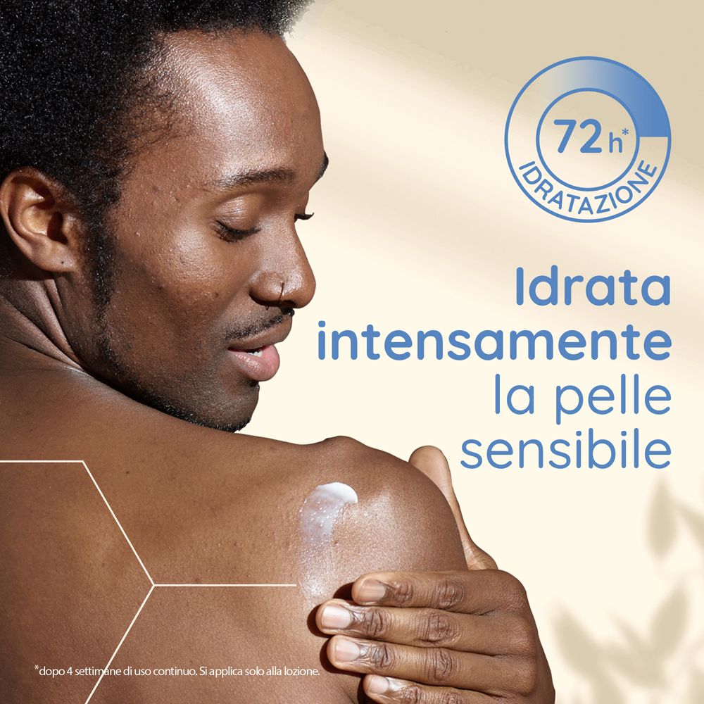 Uomo applica lozione sulla spalla. Testo: Idratazione 72h. Idrata intensamente la pelle sensibile.