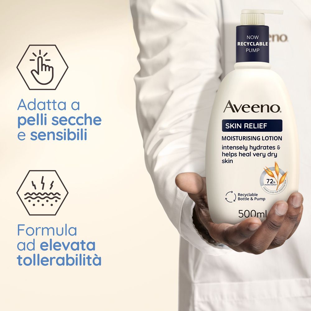 Flacone con dosatore. Testo: Aveeno Skin Relief, lozione idratante. Adatta a pelli secche e sensibili.
