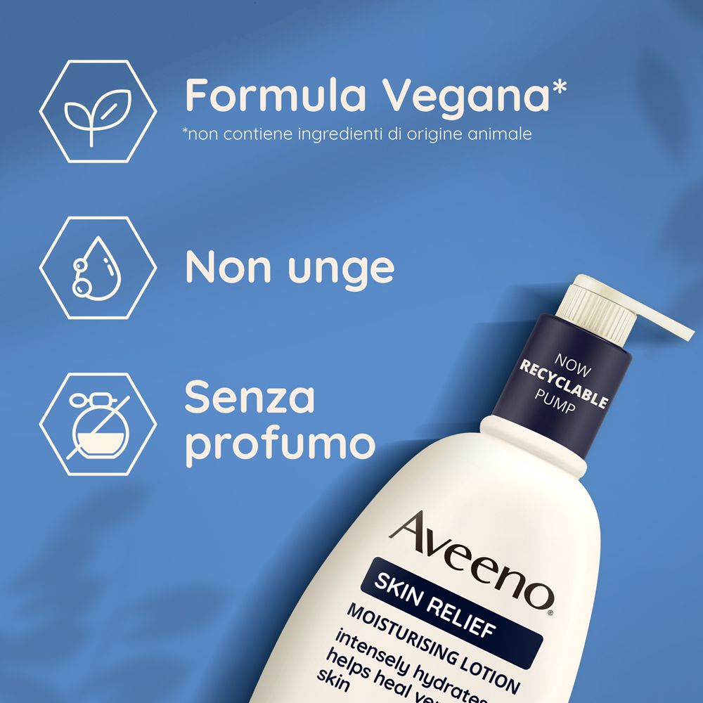 Flacone con dosatore. Testo: Aveeno Skin Relief, lozione idratante. Vegano. Senza profumo. Non unge.
