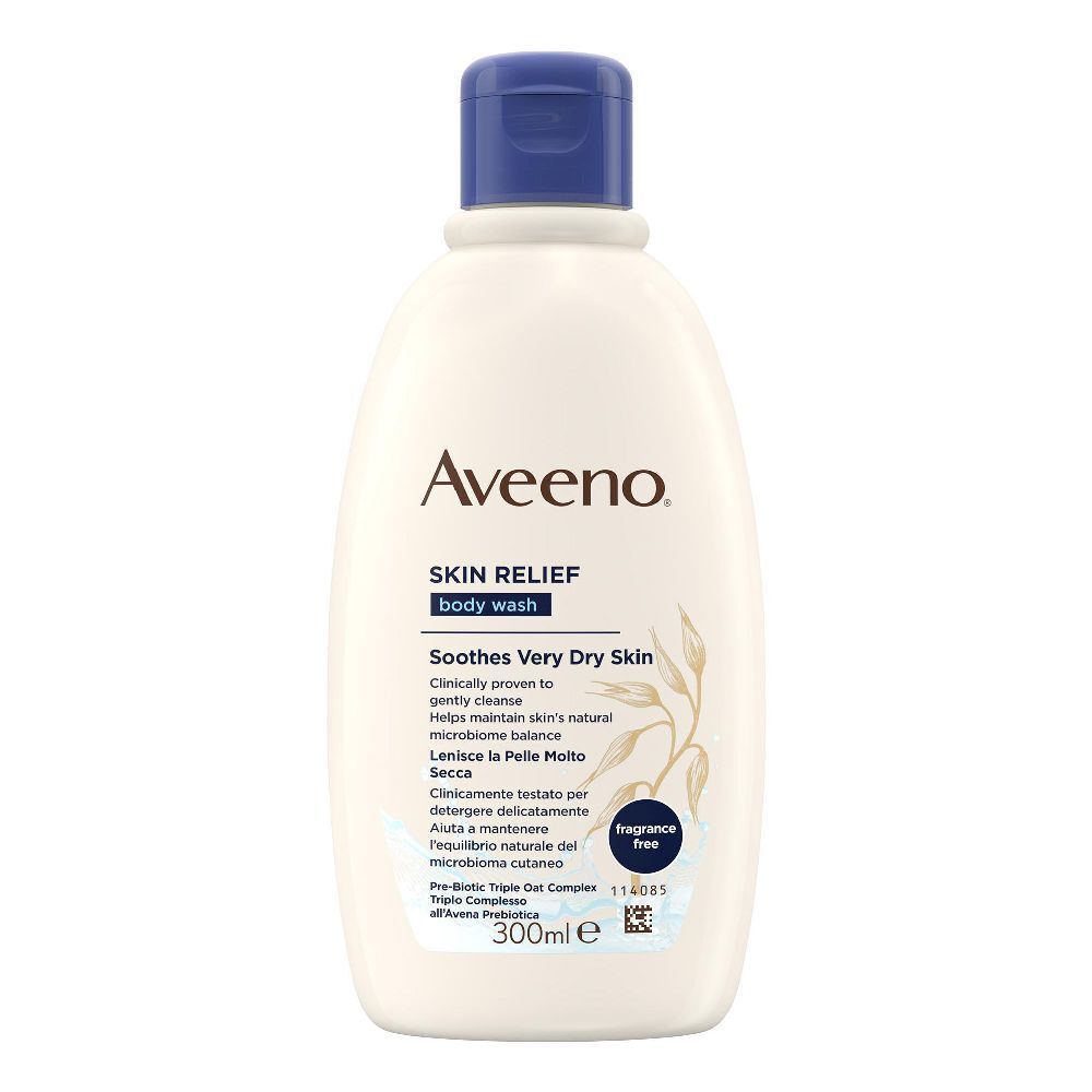 Flacone bianco con tappo blu. Scritta: Aveeno Skin Relief Body Wash. Per pelli molto secche. Volume: 300 ml.