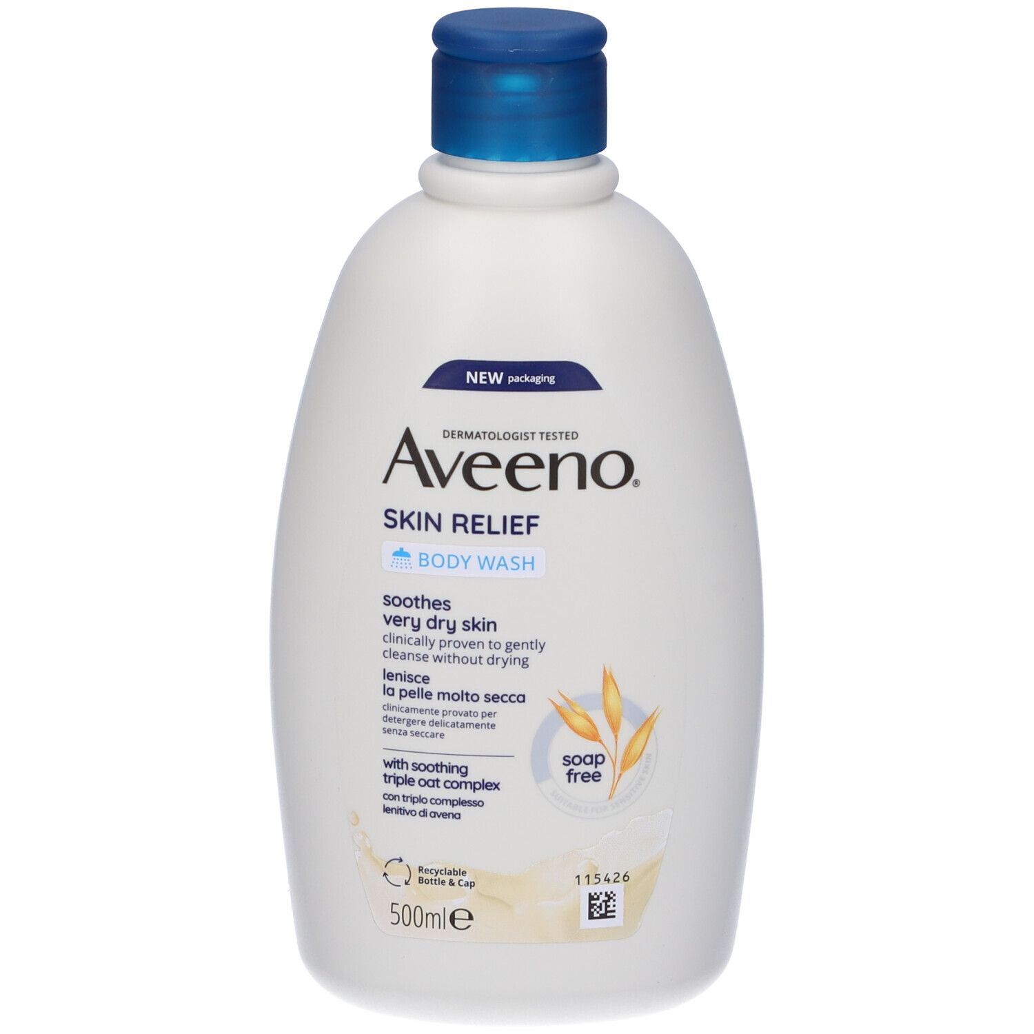 Weiße Flasche mit blauem Deckel. Aufschrift: Aveeno Skin Relief Body Wash, für sehr trockene Haut, ohne Austrocknung. 500ml. Ohne Seife.