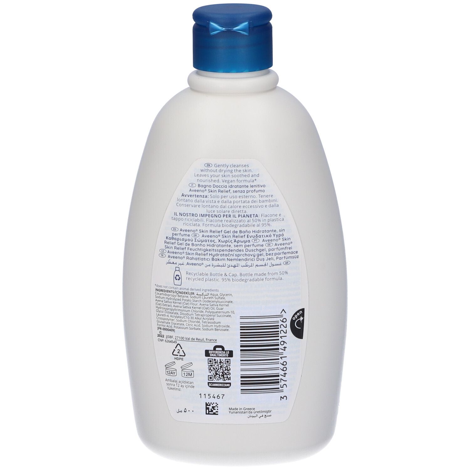 Rückseite einer Aveeno Skin Relief Body Wash Flasche. Text und Informationen zur Verwendung und Inhaltsstoffen.