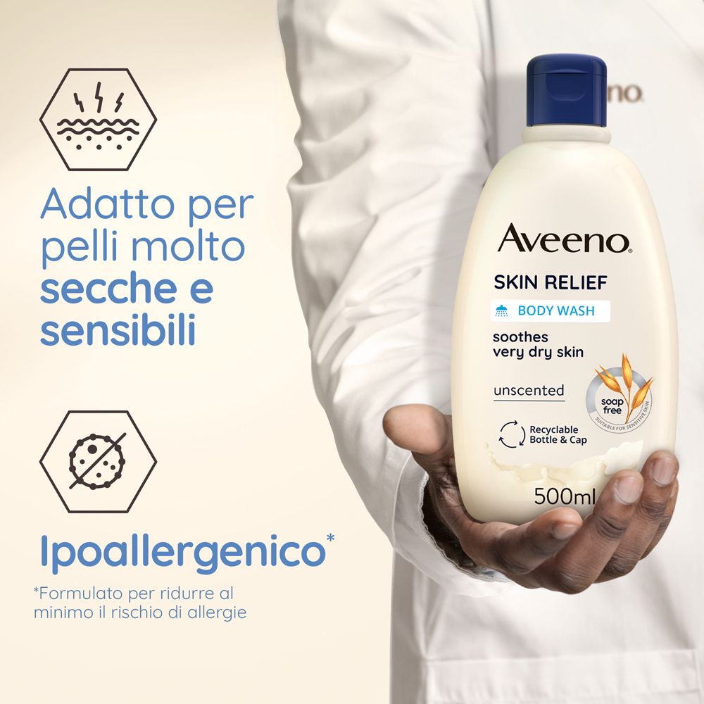 Person hält eine Flasche Aveeno Skin Relief Body Wash. Text: Für sehr trockene und empfindliche Haut. Hypoallergen. 500ml. Ohne Seife.