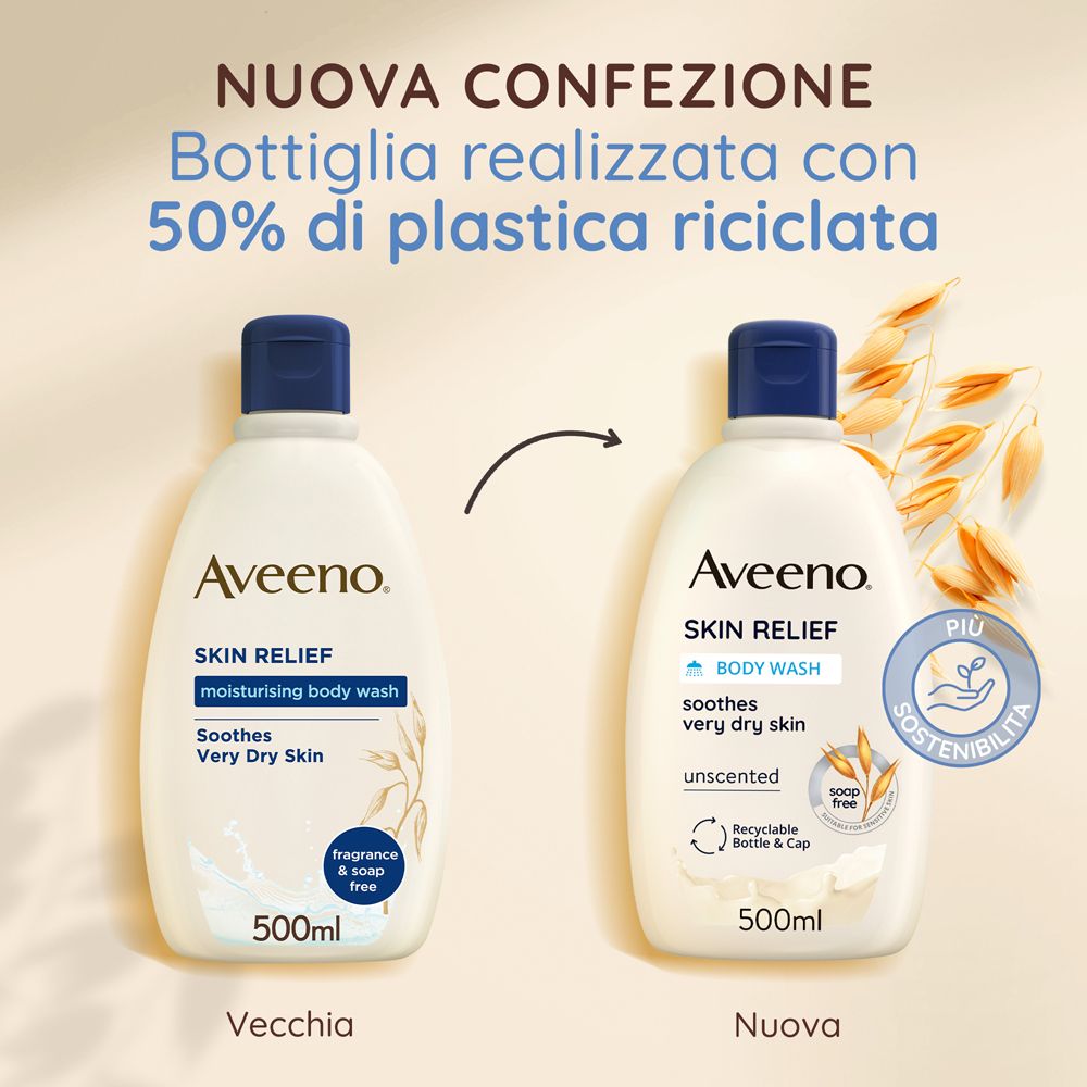 Vergleich von zwei Aveeno Skin Relief Body Wash Flaschen. Links: Alte Verpackung. Rechts: Neue Verpackung. Text: Neue Verpackung. 50% recyceltes Plastik.