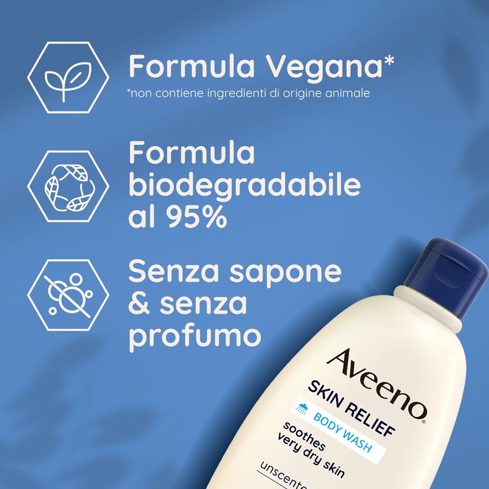 Nahaufnahme einer Aveeno Skin Relief Body Wash Flasche. Text: Vegane Formel. Biologisch abbaubar zu 95%. Ohne Seife & ohne Parfüm.