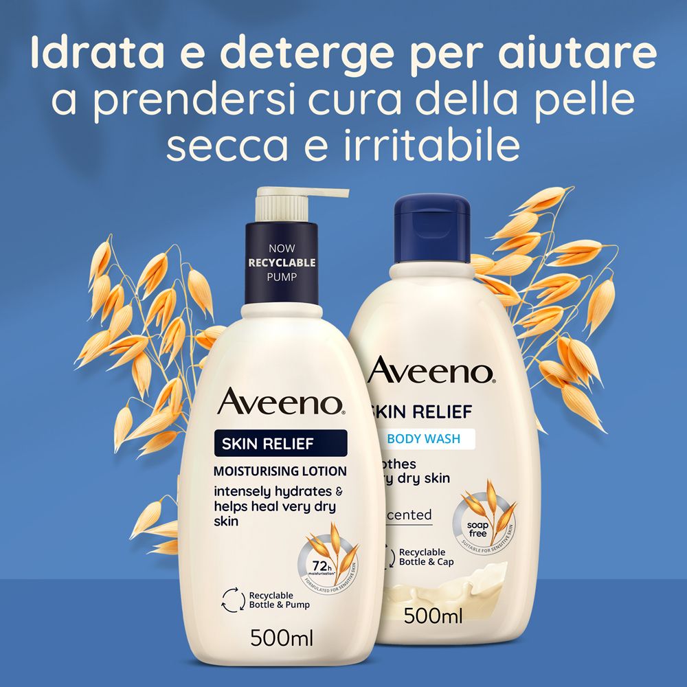 Zwei Flaschen Aveeno Skin Relief. Links: Lotion. Rechts: Body Wash. Text: Hydratisiert und reinigt, um trockene und gereizte Haut zu pflegen.