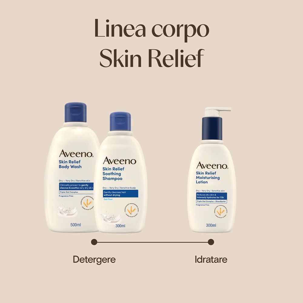 Aveeno Skin Relief Körperpflegeprodukte: Body Wash, beruhigendes Shampoo und feuchtigkeitsspendende Lotion.