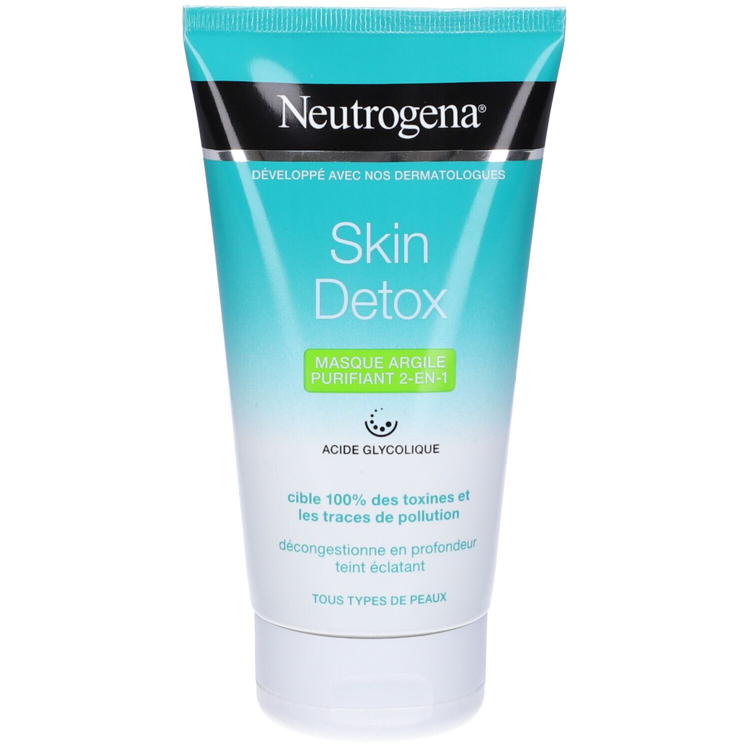 Maschera Skin Detox Neutrogena. Tubo con tappo turchese e scritta. Contiene acido glicolico. Tutti i tipi di pelle.