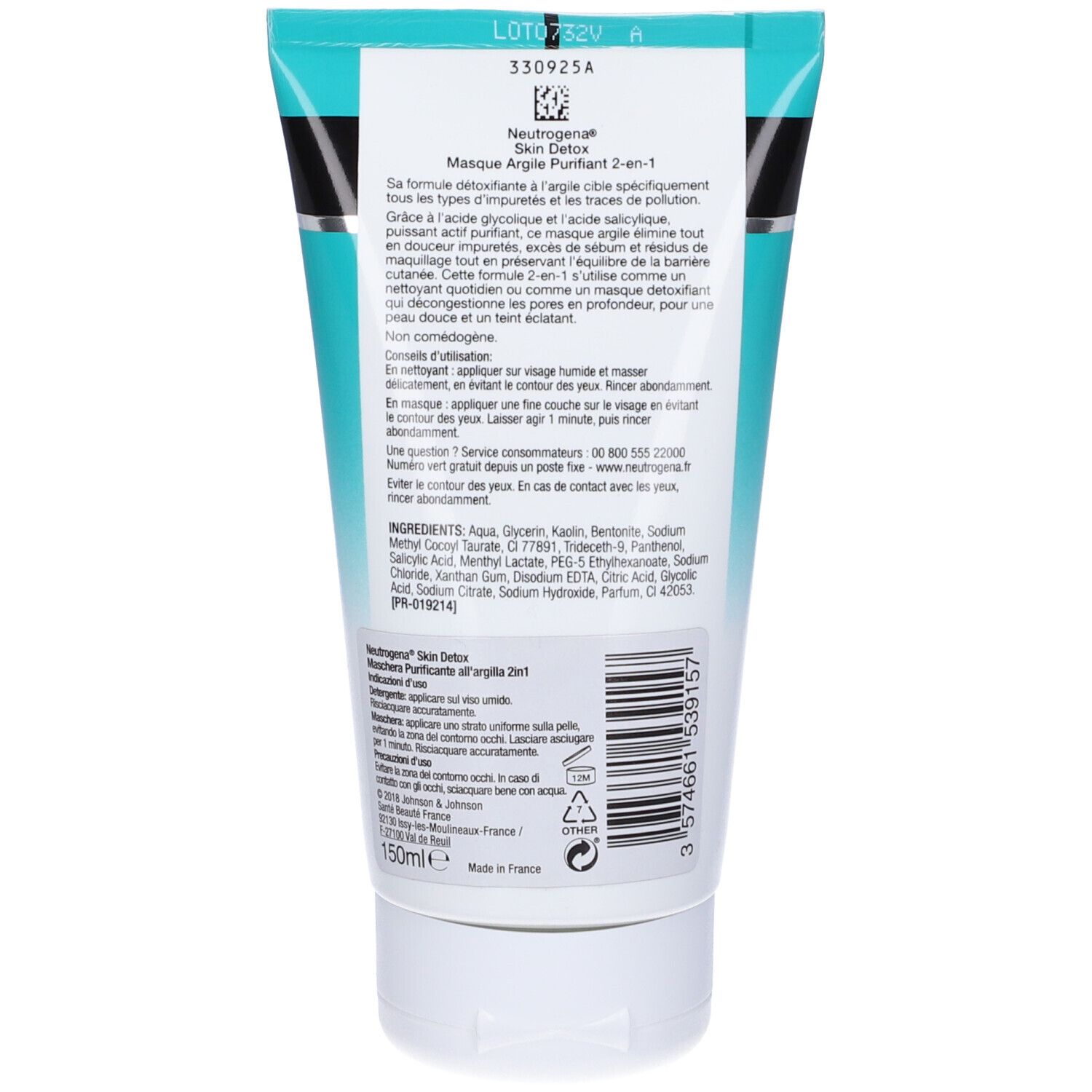 Retro della maschera Skin Detox Neutrogena. Testo multilingue. Ingredienti e istruzioni per l'uso.