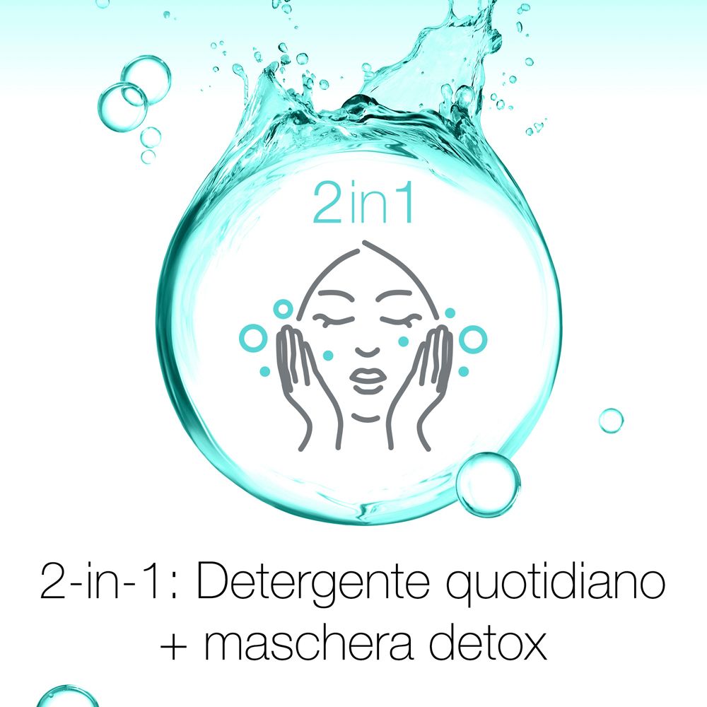 Illustrazione: viso con mani. Testo: 2-in-1: detergente quotidiano + maschera detox.