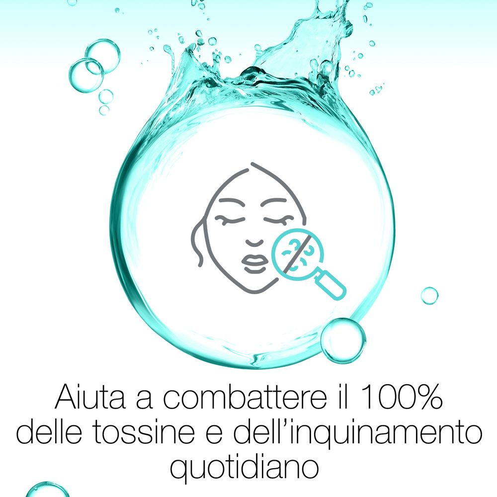 Illustrazione: viso con lente d'ingrandimento. Testo: Aiuta a combattere il 100% delle tossine e dell'inquinamento quotidiano.