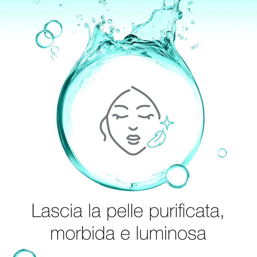 Illustrazione: viso con stella. Testo: Lascia la pelle purificata, morbida e luminosa.