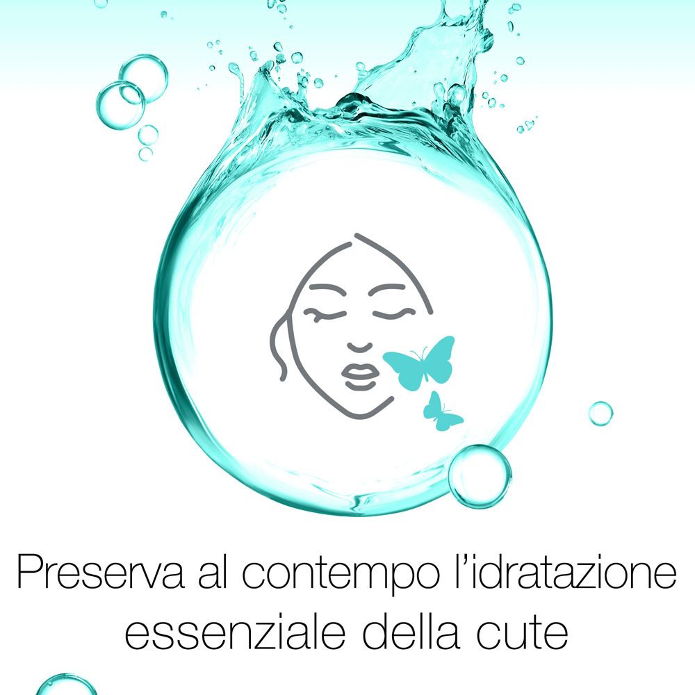 Illustrazione: viso con farfalle. Testo: Preserva al contempo l'idratazione essenziale della cute.