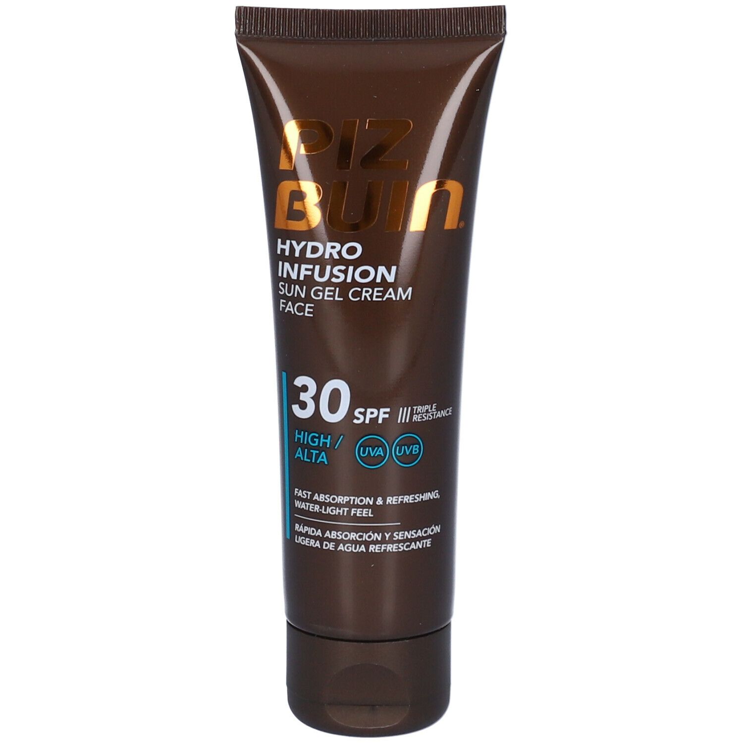 Tubo marrone Piz Buin Hydro Infusion Sun Gel Cream Face SPF 30. Testo e loghi oro e bianco. Tappo nero.