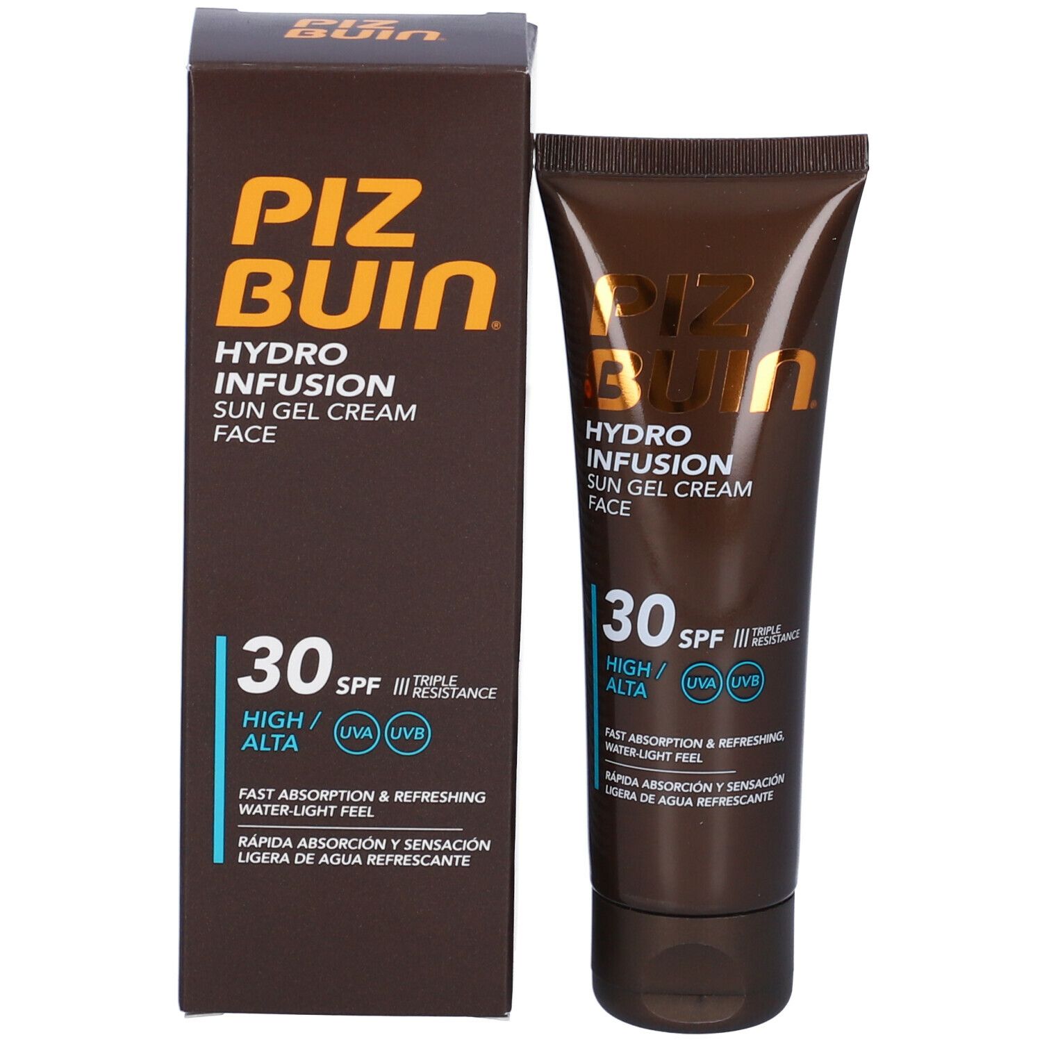 Tubo e confezione Piz Buin Hydro Infusion Sun Gel Cream Face SPF 30. Tubo e scatola marroni con logo e testo dorati.