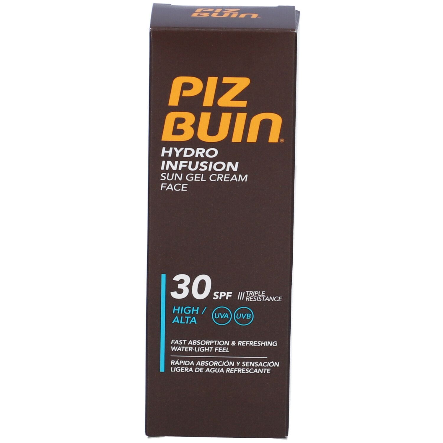 Scatola marrone Piz Buin Hydro Infusion Sun Gel Cream Face SPF 30. Testo e logo oro. Accenti blu.