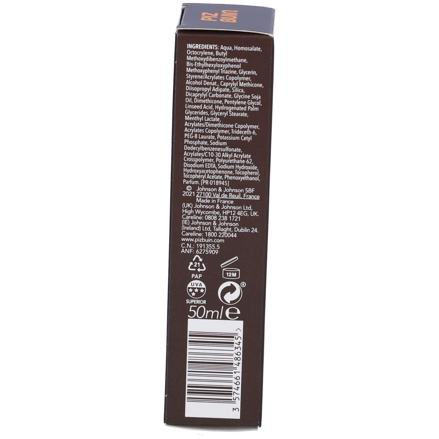 Lato della scatola con ingredienti e informazioni. Scatola marrone con testo bianco. 50 ml.