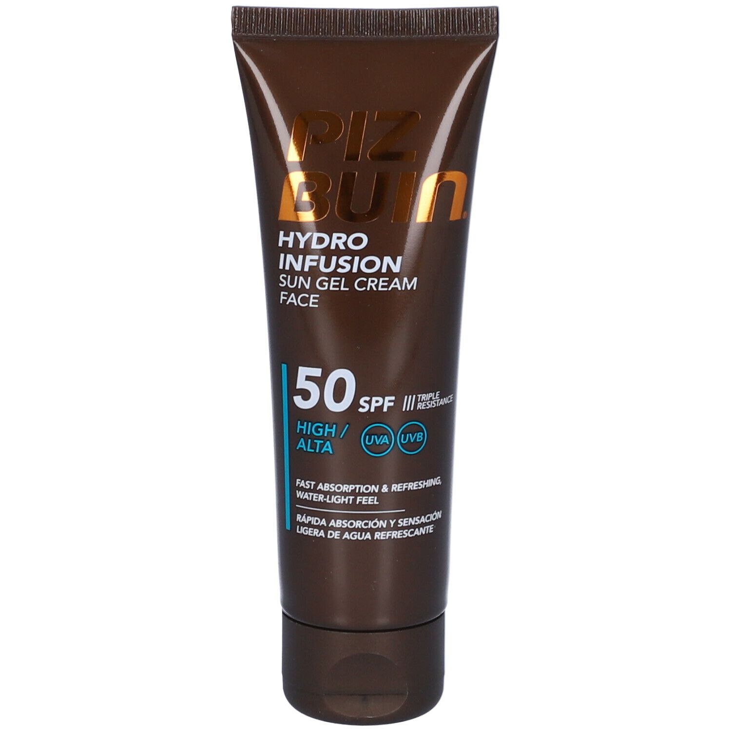 Tubo marrone Piz Buin Hydro Infusion Sun Gel Cream Face SPF 50. Protezione UVA/UVB. Assorbimento rapido, sensazione leggera.