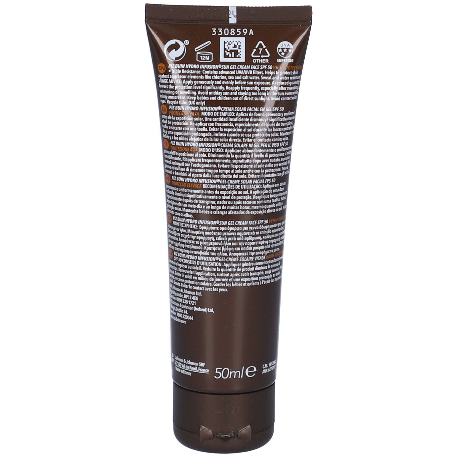 Retro del tubo marrone. Testo con informazioni sul prodotto, ingredienti e produttore. 50ml. Simboli di riciclaggio.