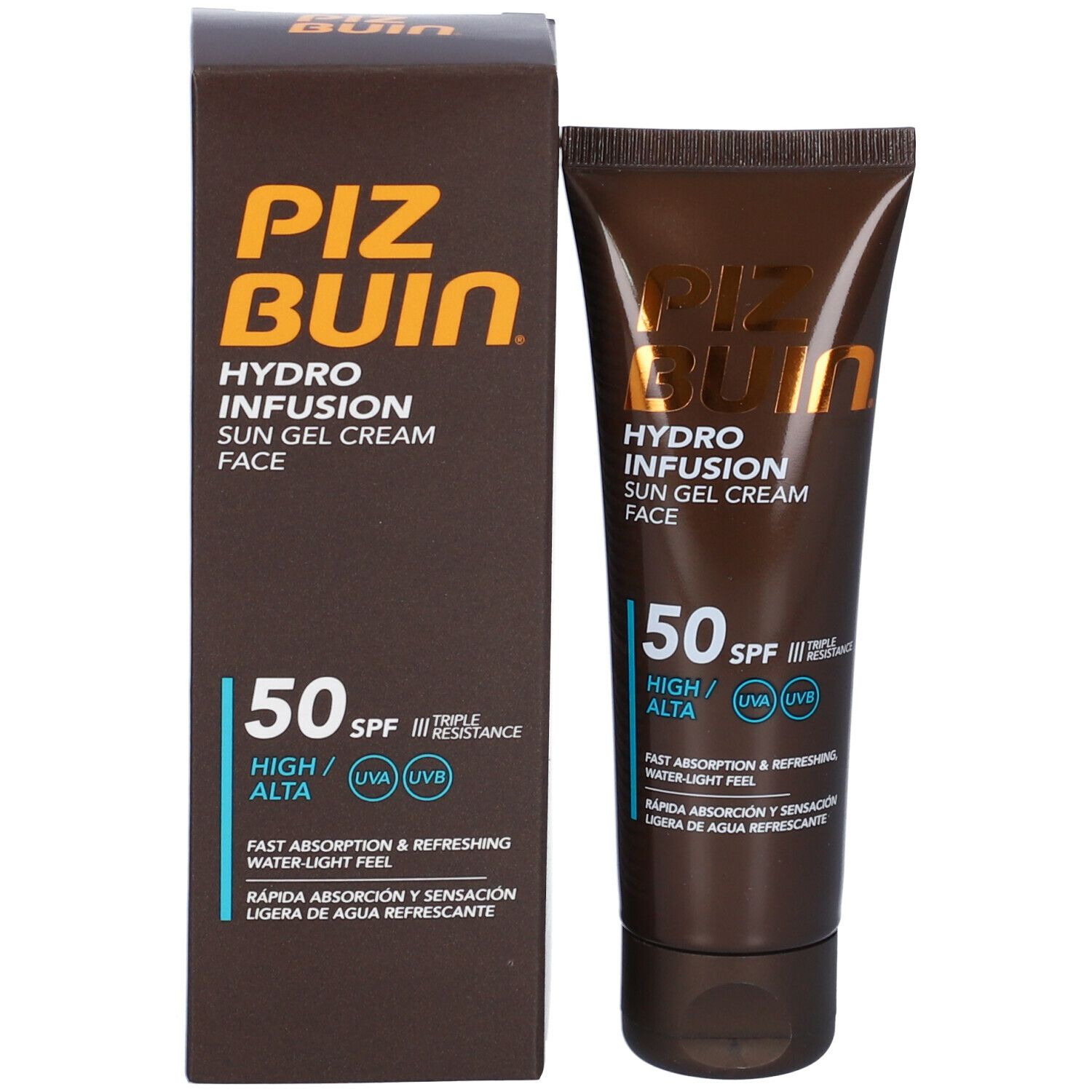 Confezione del prodotto: tubo e scatola. Piz Buin Hydro Infusion Sun Gel Cream Face SPF 50. Protezione UVA/UVB. Confezione marrone.