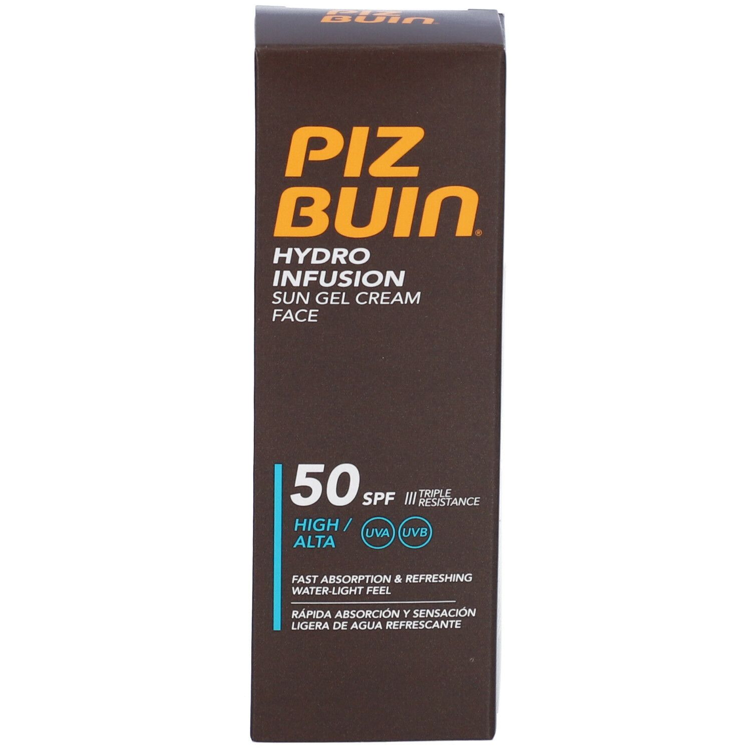 Scatola marrone con Piz Buin Hydro Infusion Sun Gel Cream Face SPF 50. Protezione UVA/UVB. Testo e logo.