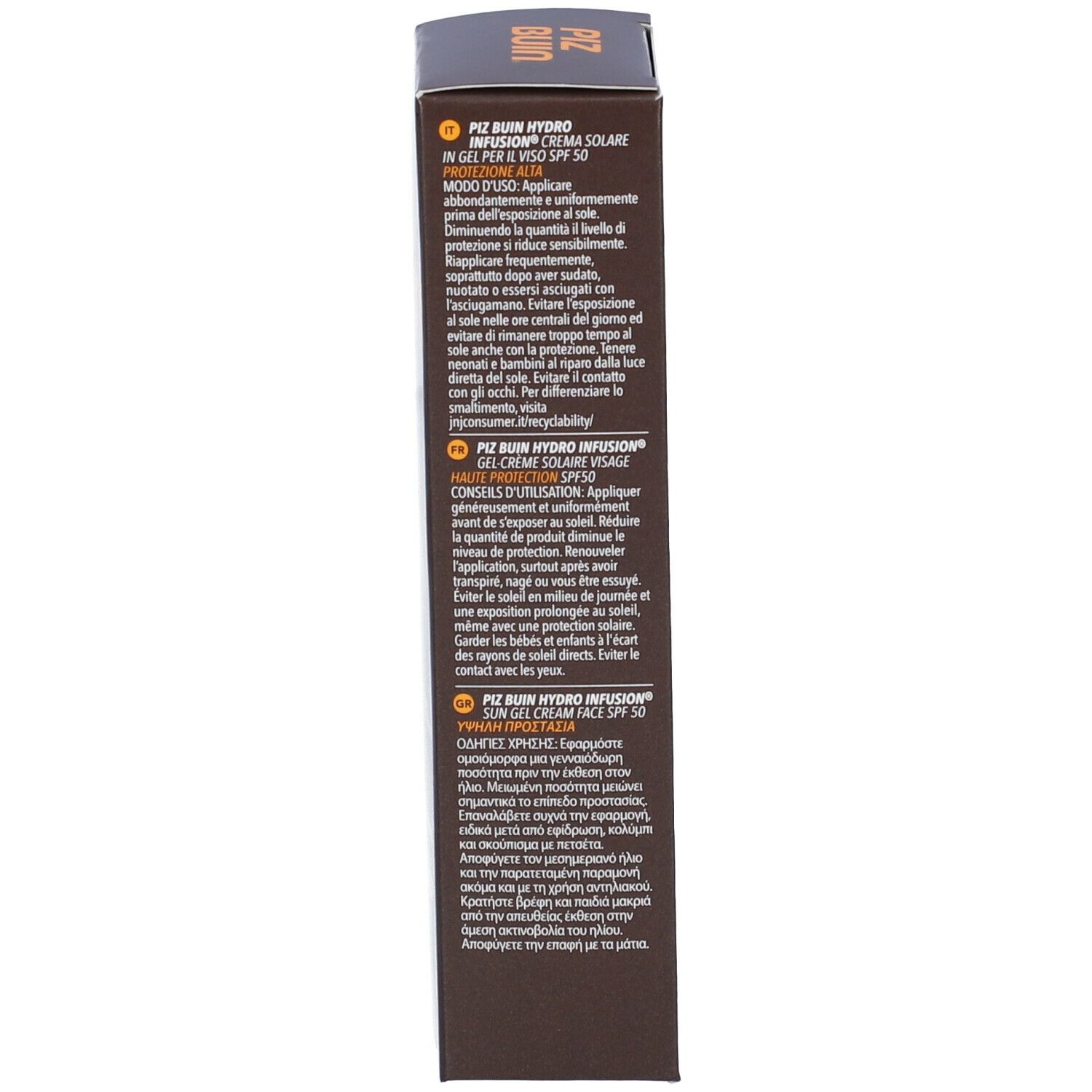 Lato della scatola marrone. Istruzioni per l'uso in diverse lingue. Piz Buin Hydro Infusion Sun Gel Cream Face SPF 50.