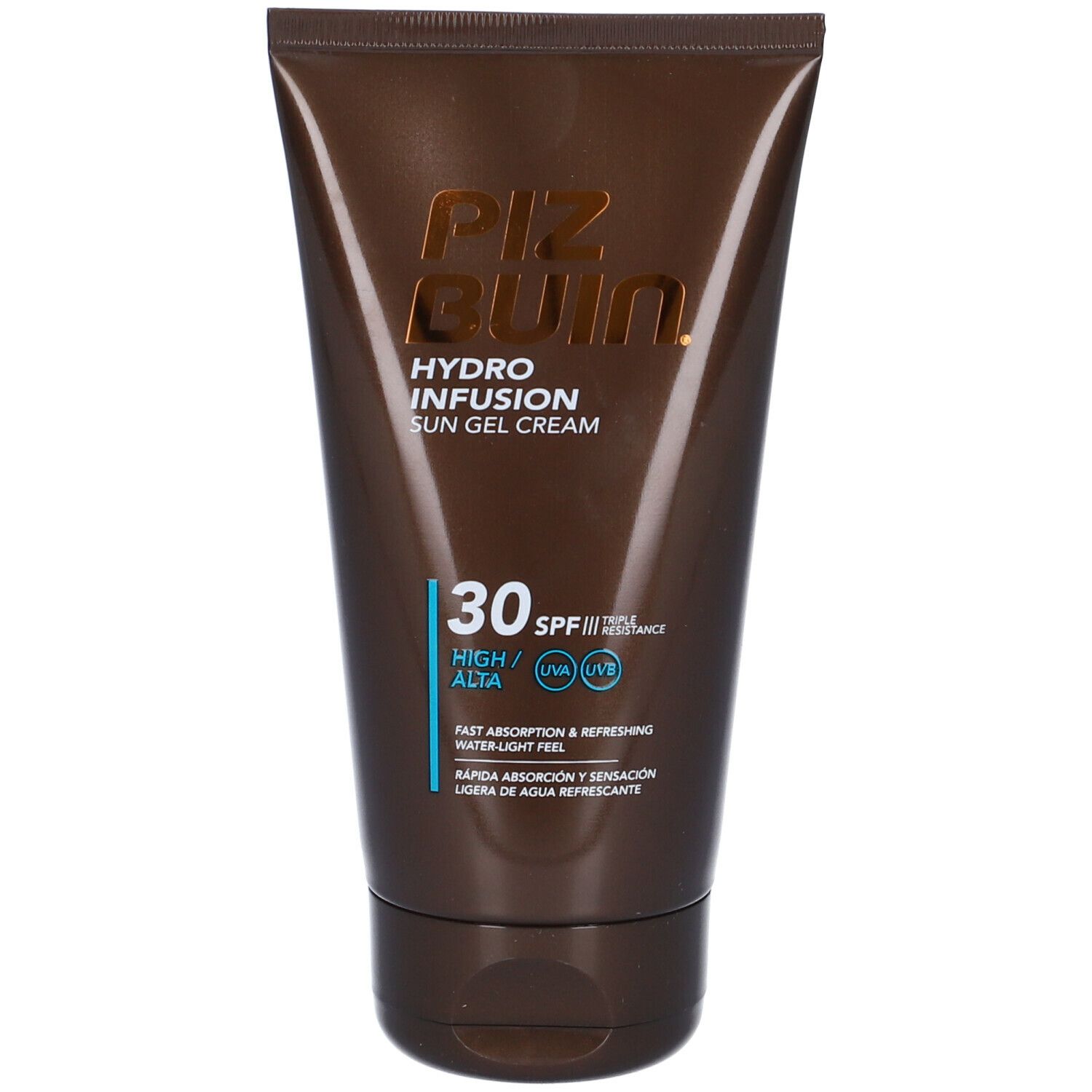 Tubo marrone con nome del prodotto e SPF 30. Testo: Hydro Infusion Sun Gel Cream. Logo: Piz Buin.
