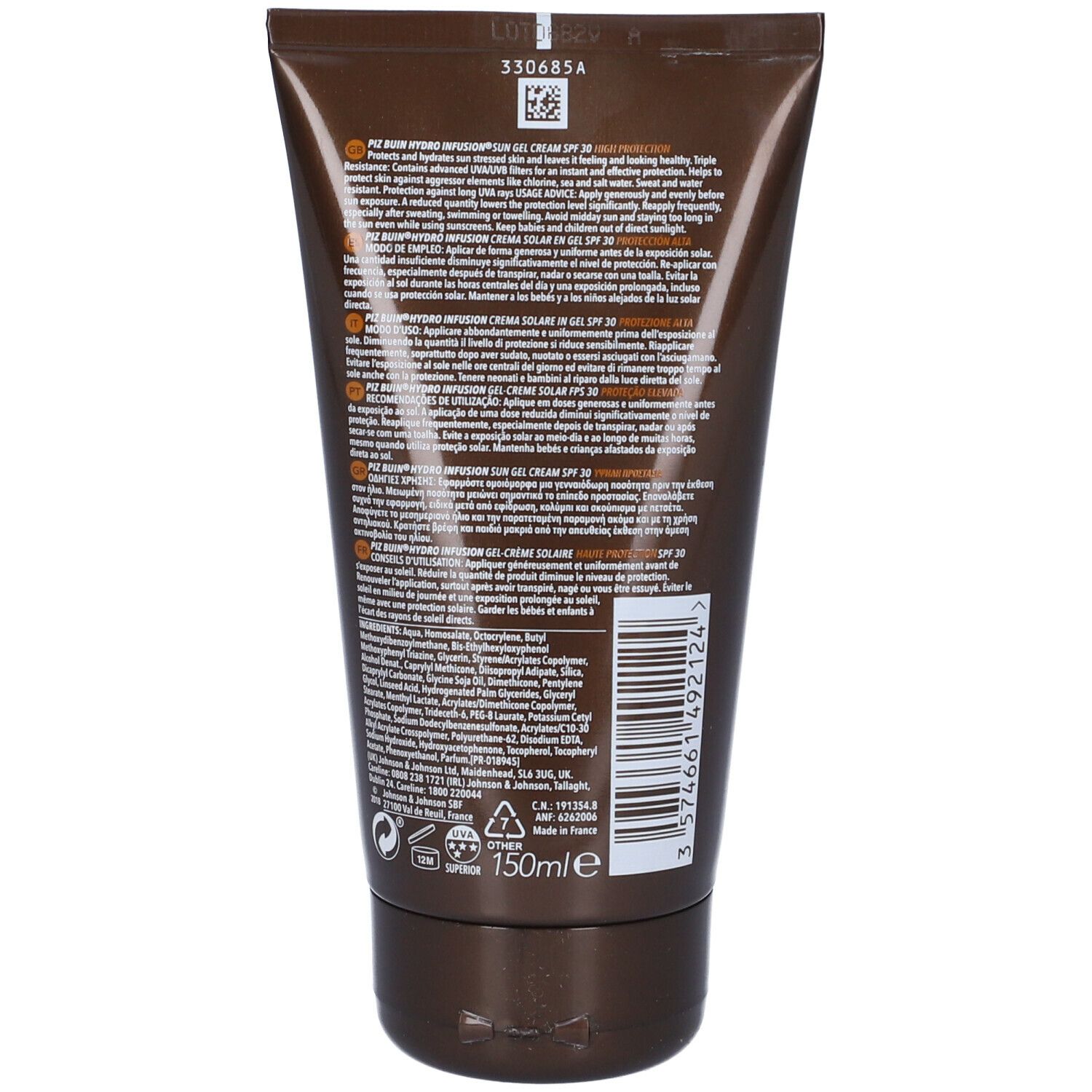 Retro di un tubo marrone. Testo e codice a barre. Volume: 150ml. Logo: Piz Buin.