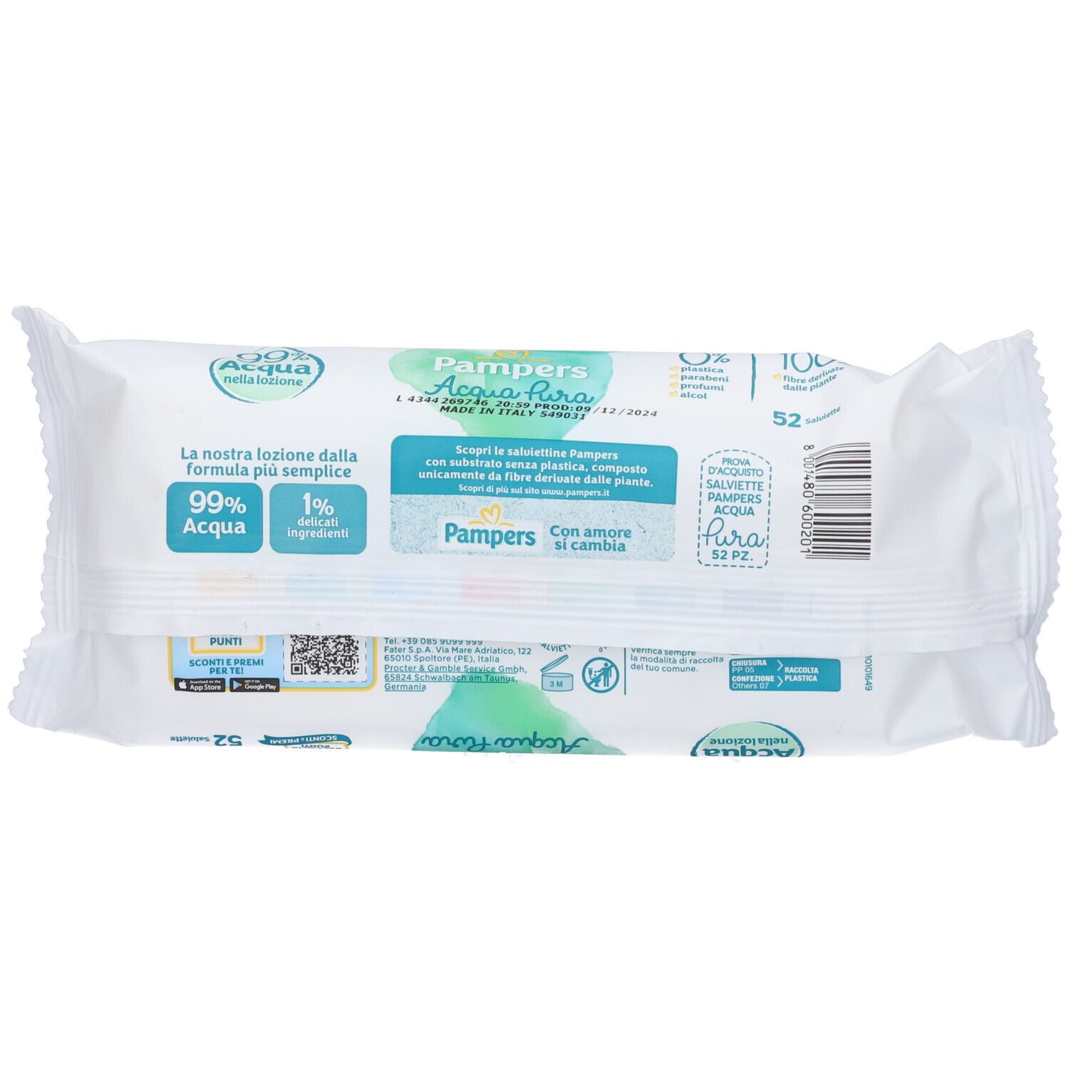 Retro della confezione di salviette Pampers Acqua Pura. Contiene informazioni sul prodotto e codice a barre.