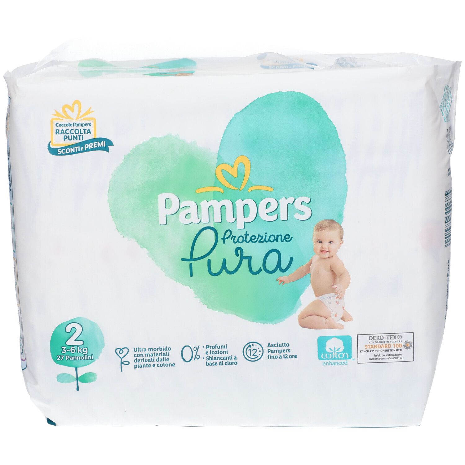 Pampers Protezione Pura 2 (3-6 kg) Windelpackung. Baby auf der Verpackung. Oeko-Tex-Zertifizierung.