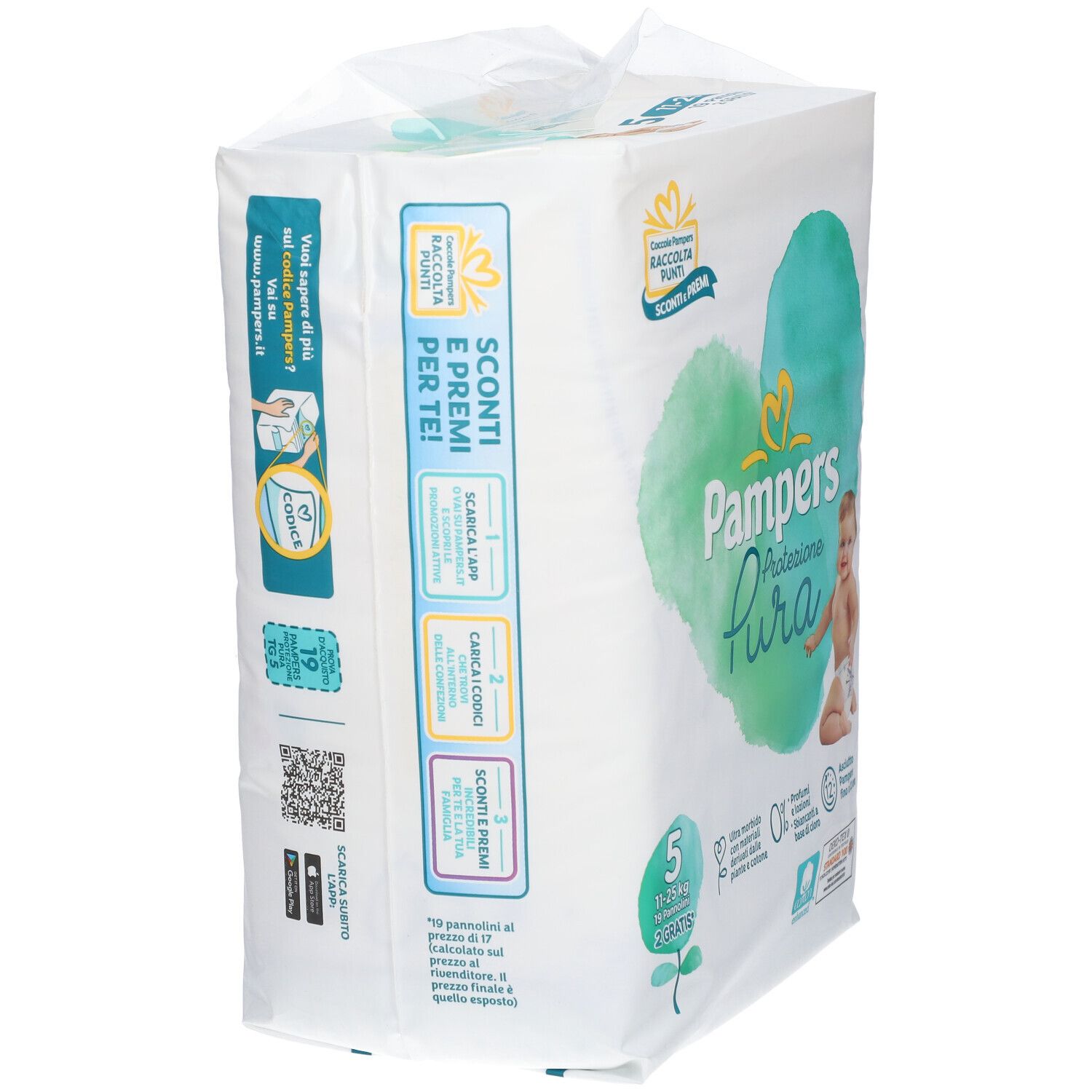 Pampers Protezione Pura 5 Windelpackung, Seitenansicht. Informationen zu Rabatten und QR-Code.