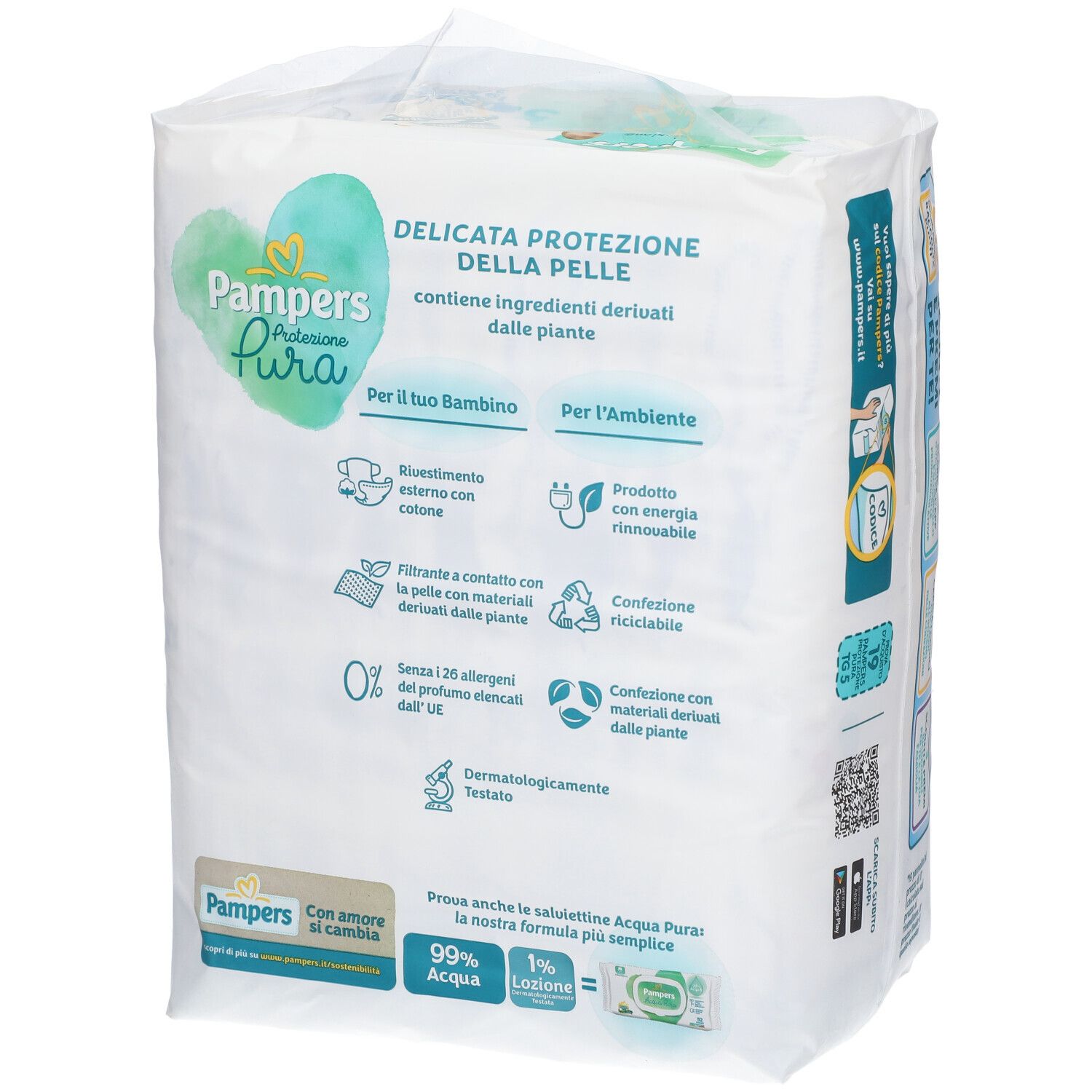 Rückseite der Pampers Protezione Pura 5 Windelpackung. Produktinformationen und Zertifizierungen.