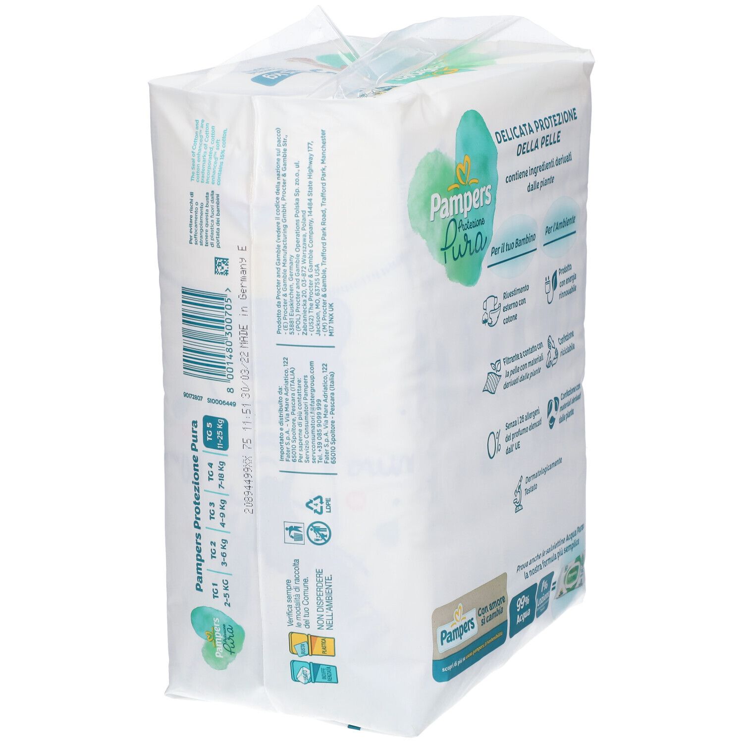 Rückseite der Pampers Protezione Pura 5 Windelpackung. Produktinformationen und Größenangaben.