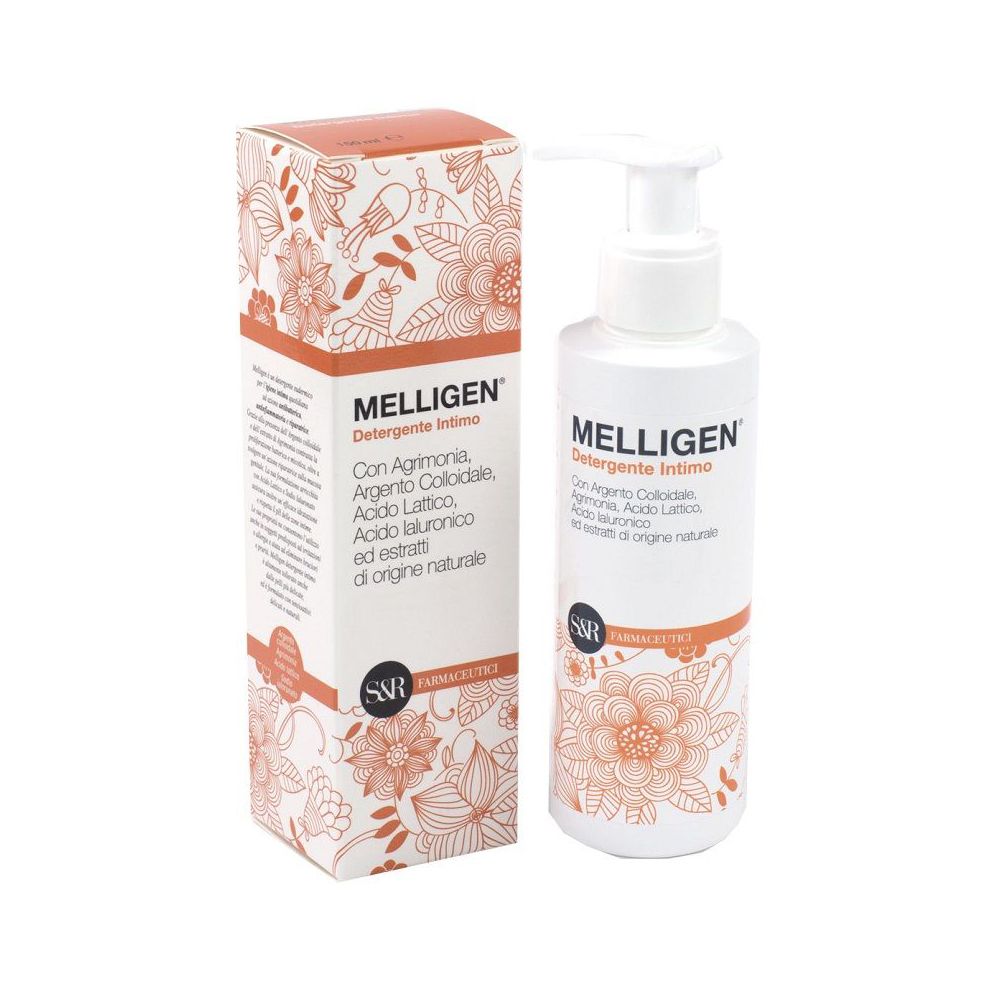 Melligen Detergente Intimo, flacone e confezione. Flacone bianco con dosatore, confezione arancione con motivo floreale.