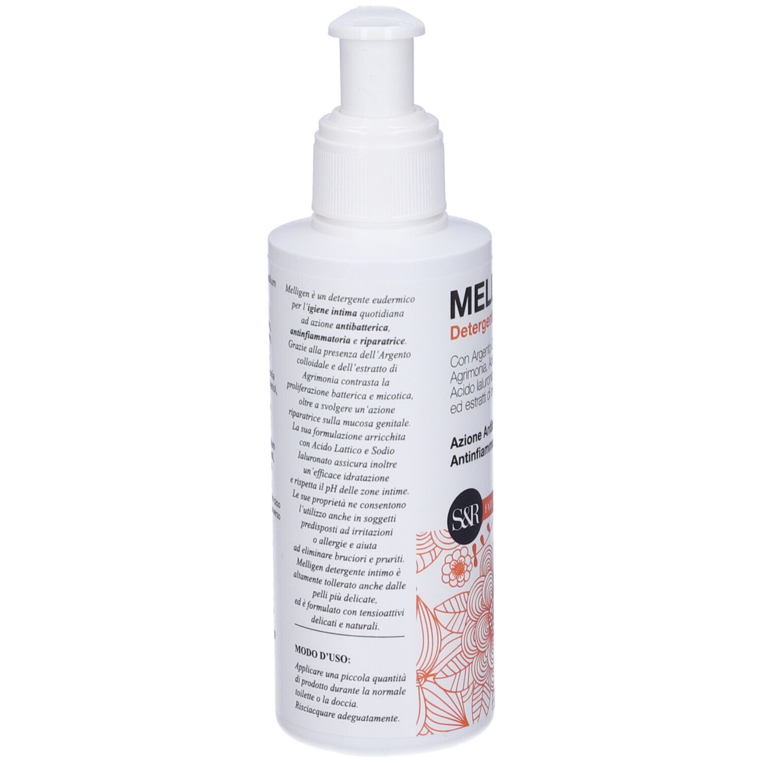 Retro del flacone Melligen Detergente Intimo. Testo con ingredienti e informazioni produttore. Flacone bianco con dosatore.