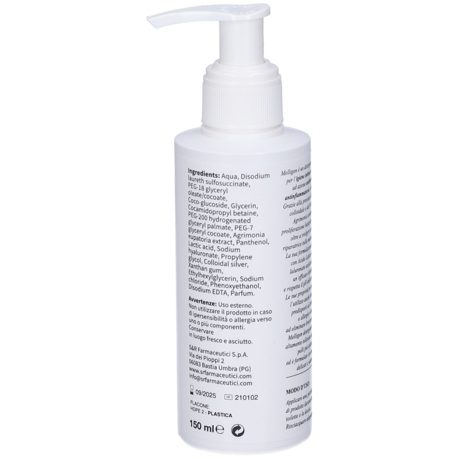 Retro del flacone Melligen Detergente Intimo. Testo con ingredienti e informazioni produttore. Flacone bianco con dosatore.