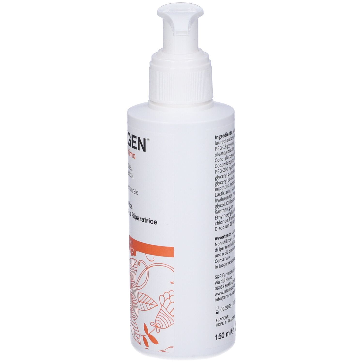 Retro del flacone Melligen Detergente Intimo. Testo con ingredienti e informazioni produttore. Flacone bianco con dosatore.