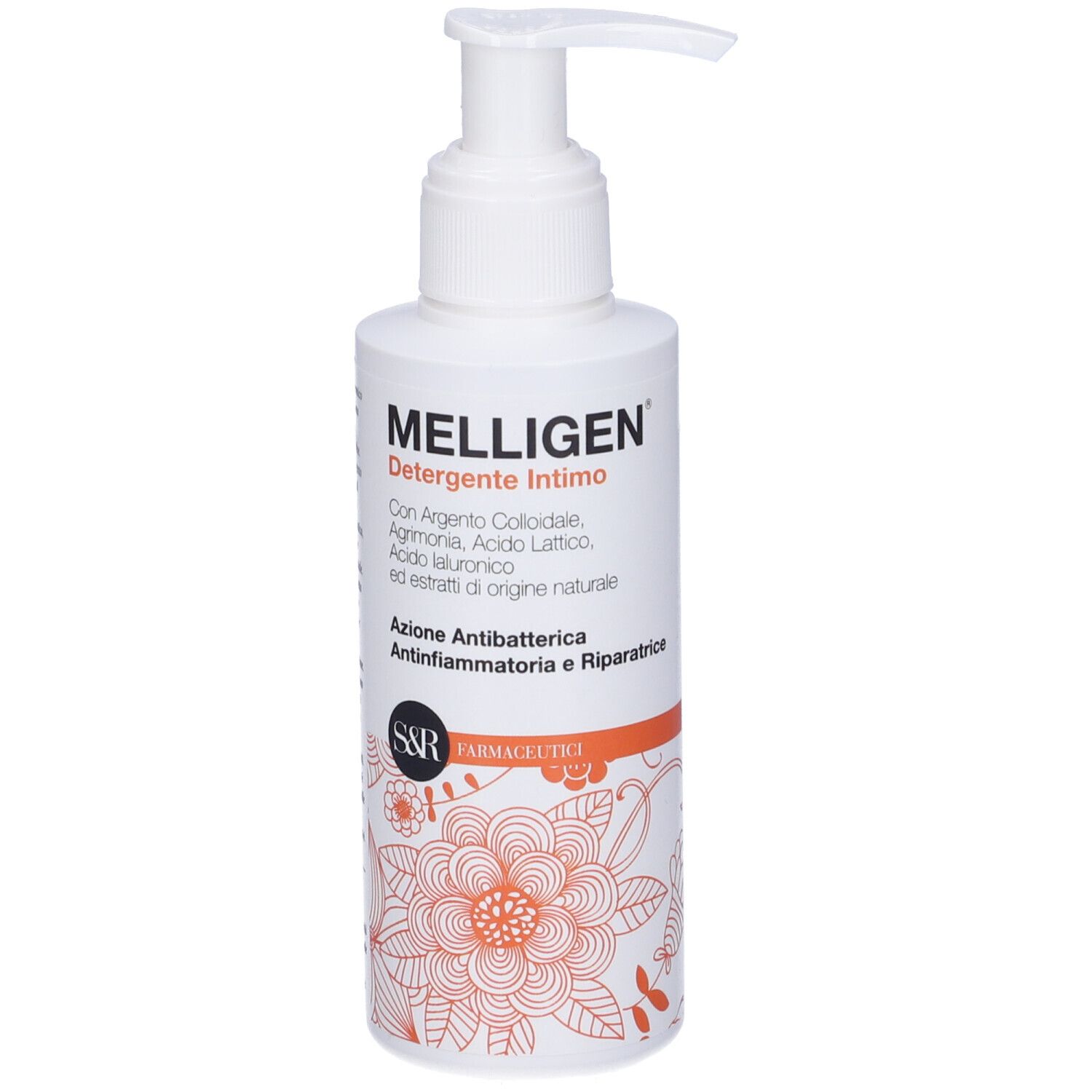 Fronte del flacone Melligen Detergente Intimo. Flacone bianco con dosatore, testo e motivo floreale.