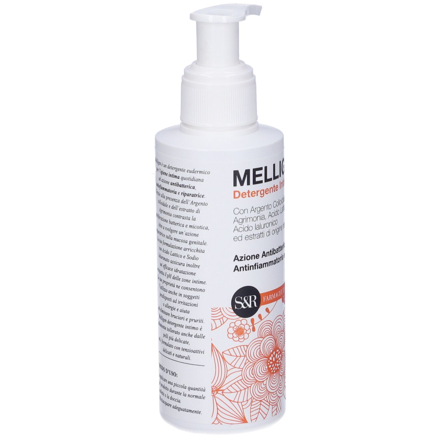 Retro del flacone Melligen Detergente Intimo. Testo e informazioni produttore. Flacone bianco con dosatore.