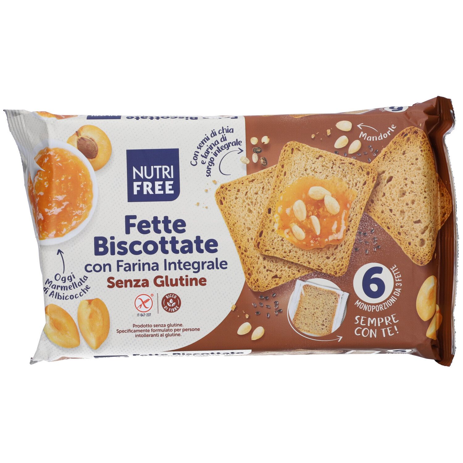 Confezione di Nutrifree Fette Biscottate Integrale. Scritta 'Senza Glutine'. Toast con marmellata e albicocche.