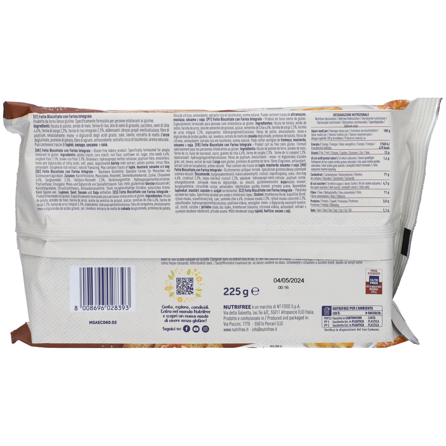Retro confezione Nutrifree Fette Biscottate Integrale. Testo con valori nutrizionali e lista ingredienti. Codice QR.