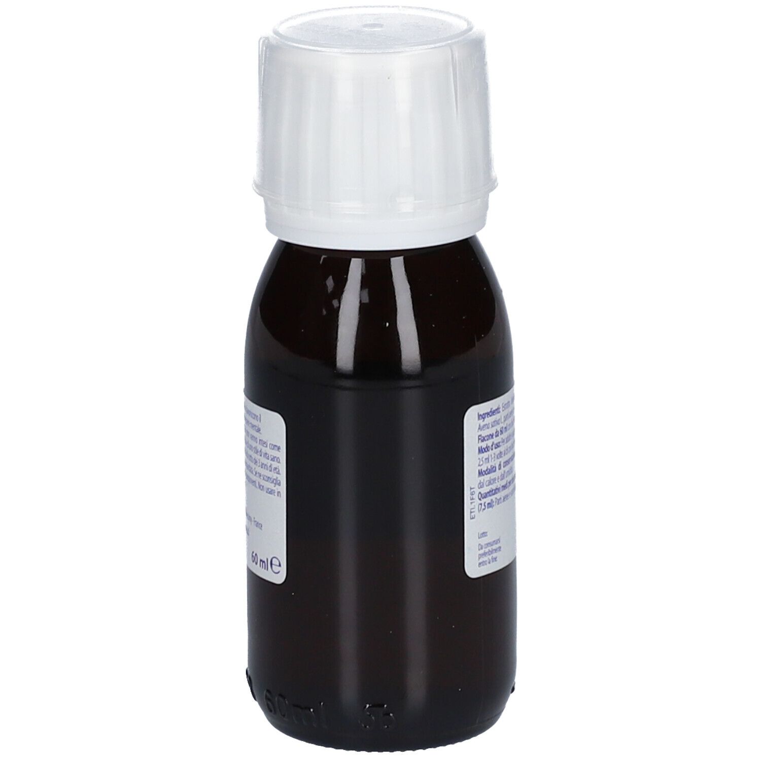 Braune Flasche mit weißem Deckel. Etikett mit Inhaltsstoffen und Volumenangabe 60 ml. Marke BOIRON® nicht sichtbar.