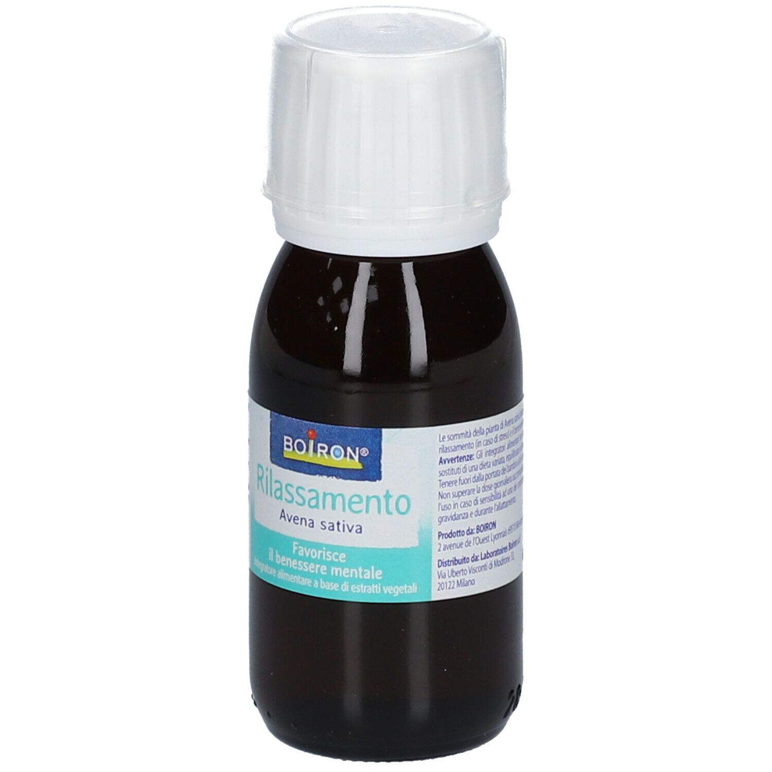 Braune Flasche mit weißem Deckel. Etikett mit Produktnamen und Marke BOIRON®. Text: Rilassamento, Avena sativa.