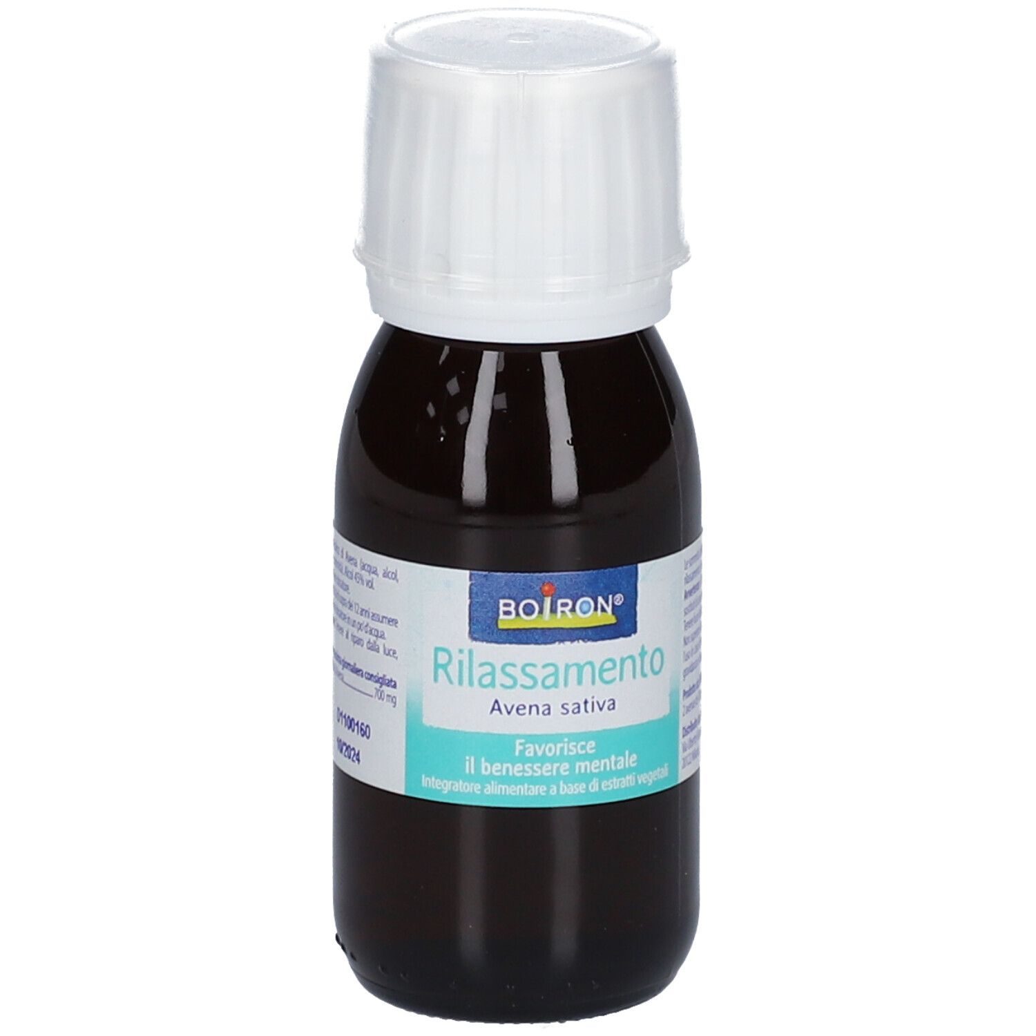 Braune Flasche mit weißem Deckel. Etikett mit Produktnamen und Marke BOIRON®. Text: Rilassamento, Avena sativa.